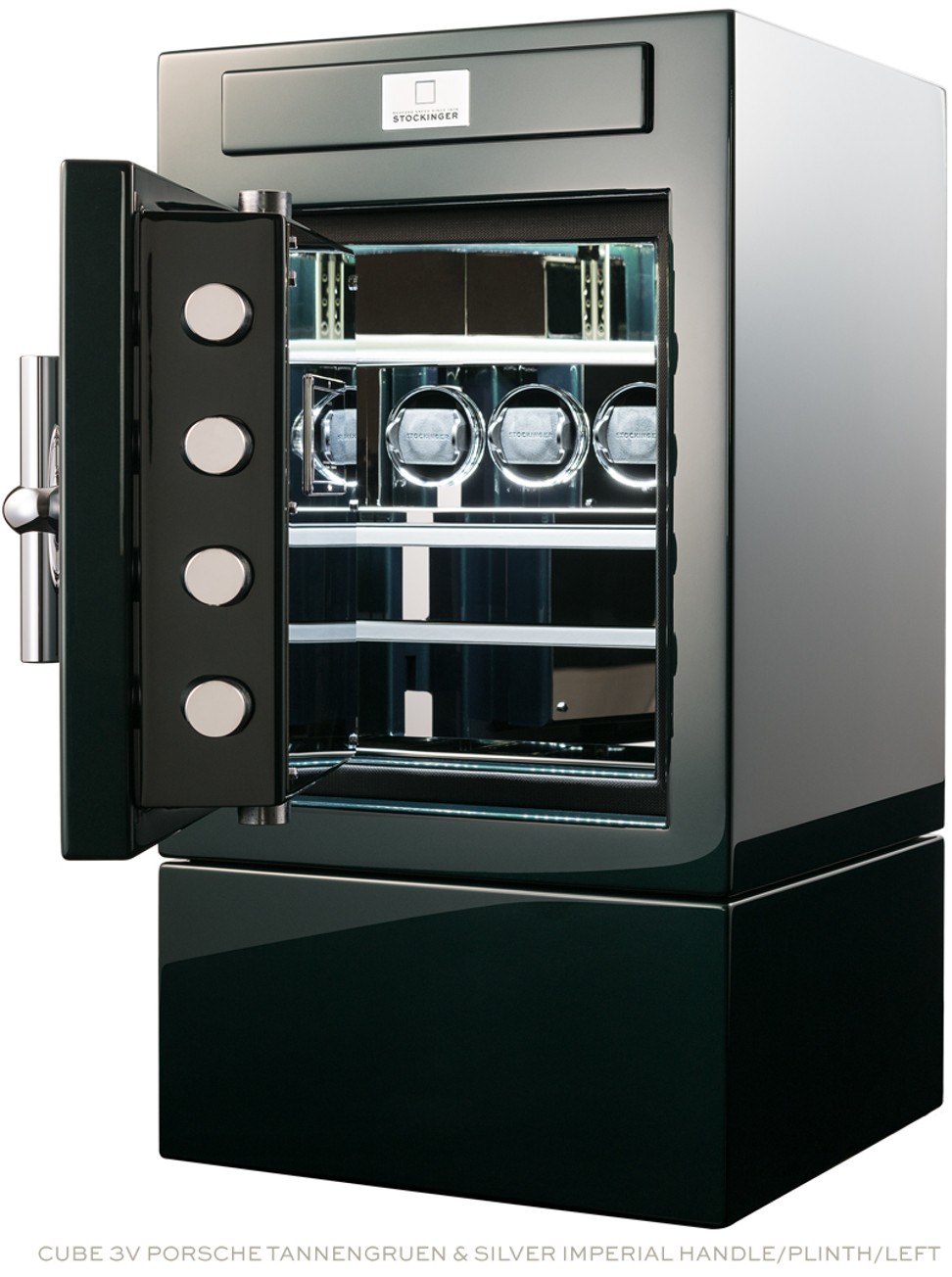Stockinger. The CUBE 3V watch safe is a good choice to store your precious collections. It has three watch winders and is customisable in different colours, lacquering finish and engravings on the handle, HK$204,710