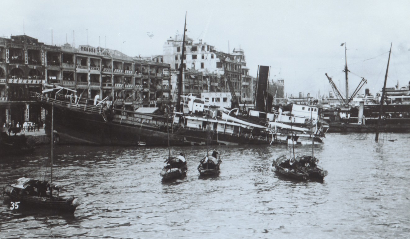 A steam ship is driven ashore on Connaught Road after 1937’s devastating typhoon in Hong Kong. Photo: ISD