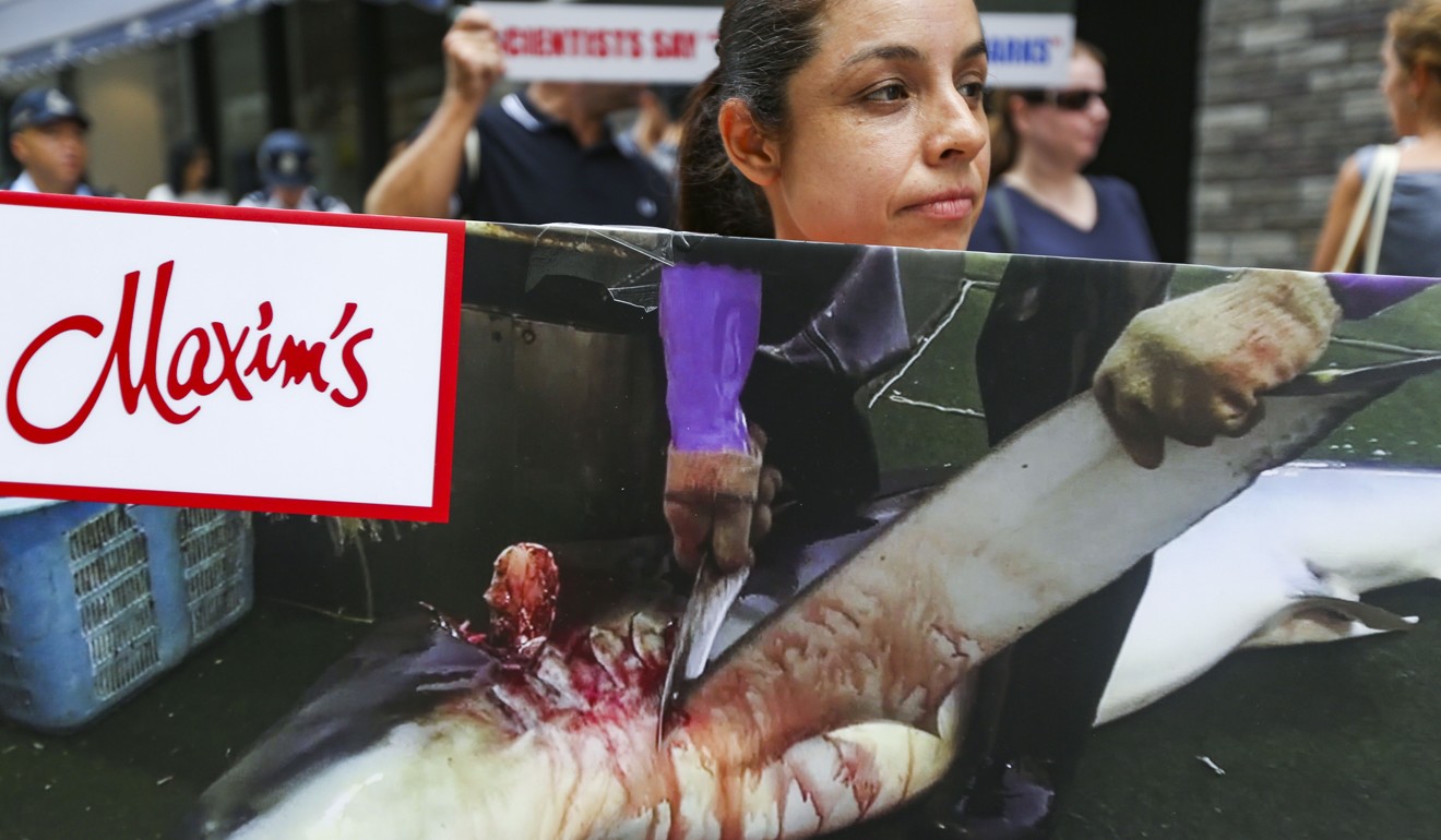 Activists protest against Maxim’s secret shark fin menu in June 2018. Photo: Xiaomei Chen