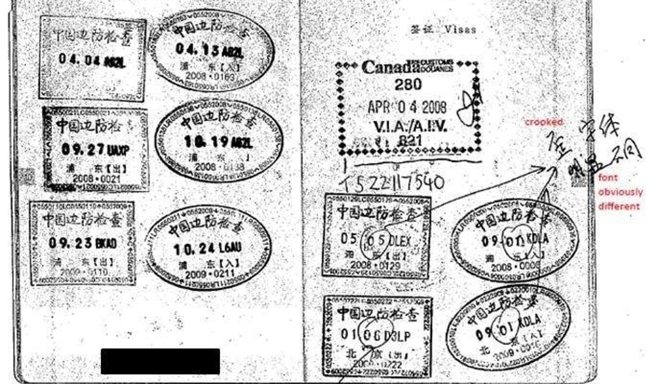 Forged alterations on stamps in the Chinese passport of a client of former unlicensed immigration consultant Xun “Sunny” Wang. The altered dates helped Wang's clients retain Canadian permanent residency and receive citizenship, by making it appear they had been living in Canada when in fact they were in China. Photo: Canada Border Services Agency