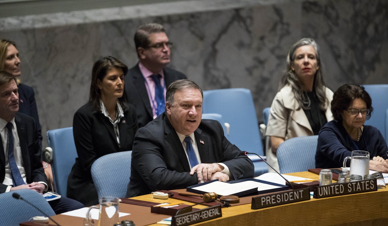 US Secretary of State Michael Pompeo speaks during the United Nations Security Council meeting on the Korean peninsula issue at the UN headquarters, where North Korea has most recently rejected US demands for denuclearisation. Photo: Xinhua