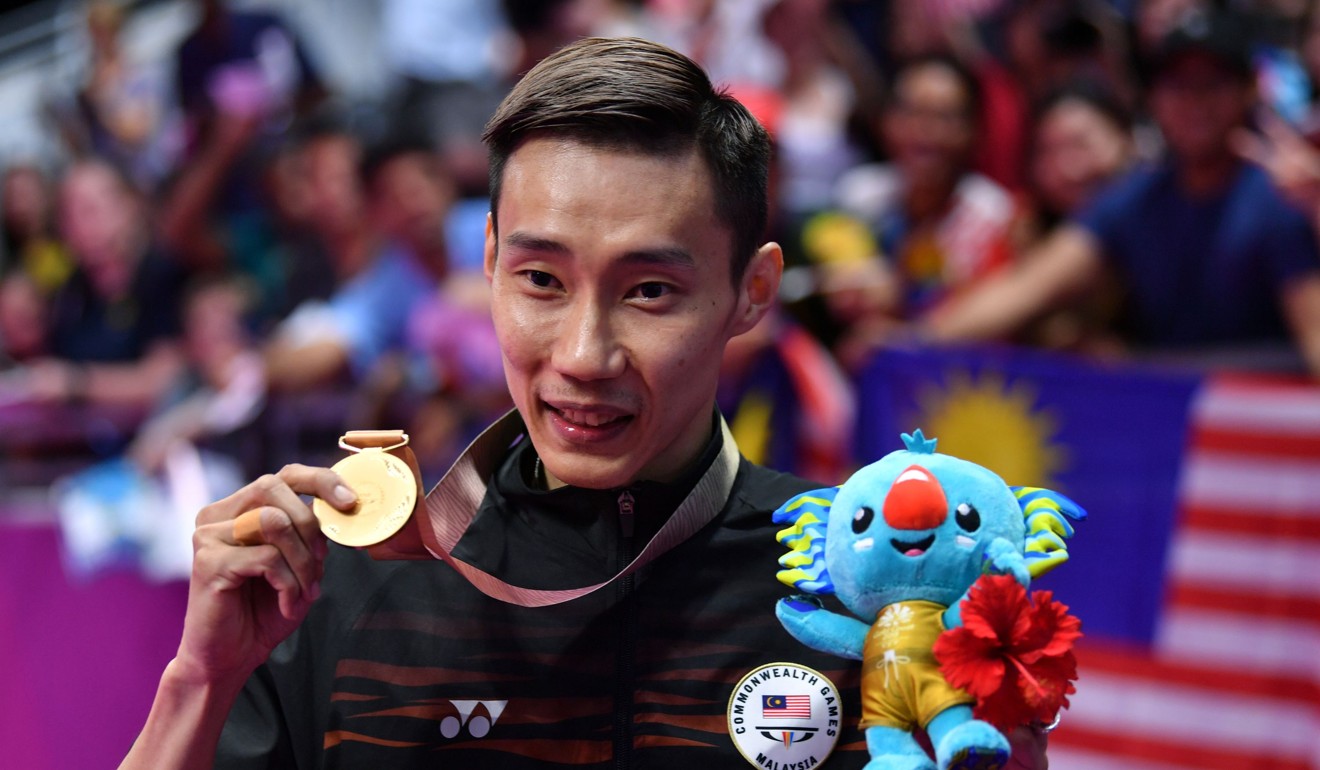 Lee Chong Wei holds his gold medal after beating India’s Srikanth Kidambi in the gold medal match at the 2018 Gold Coast Commonwealth Games. Photo: AFP