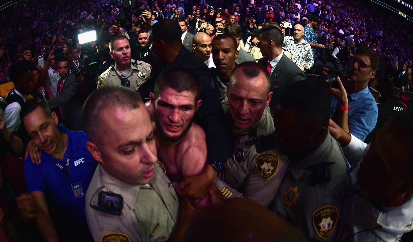 The post-fight melee involving Khabib Nurmagomedov was more like the theatre associated with sports entertainment. Photo: AFP