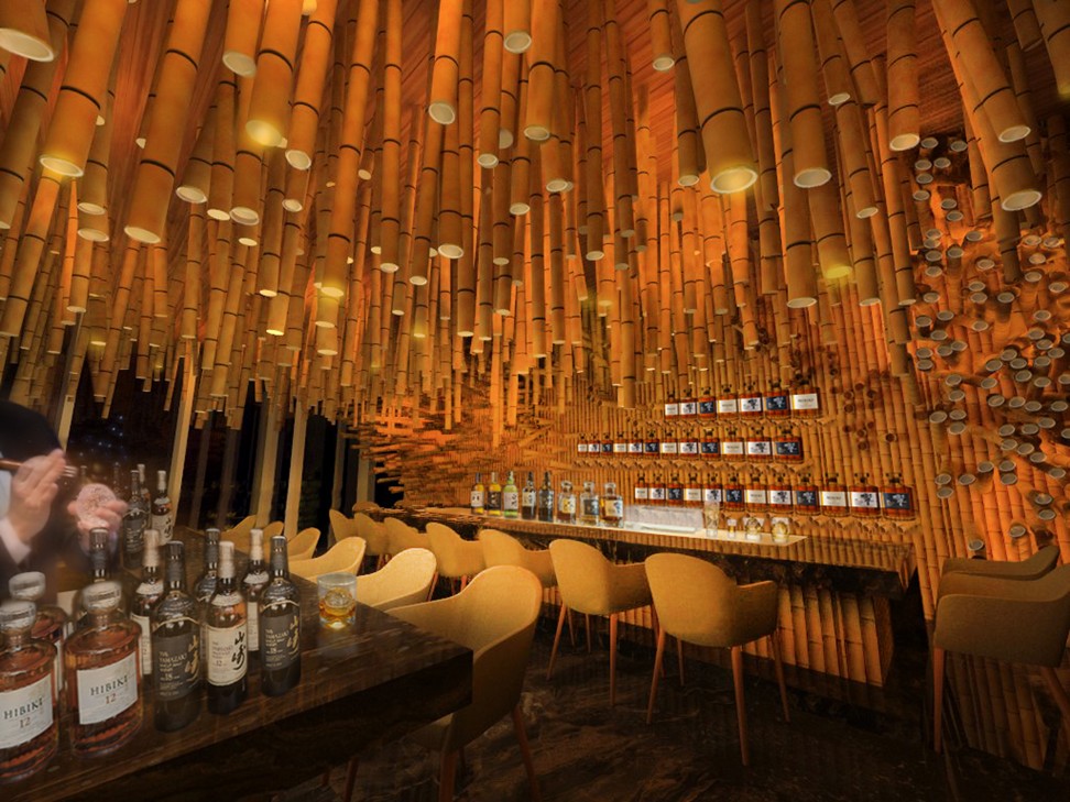 The Japanese whisky room is dramatic. It uses delicate and refined bamboo poles instead of stacking up whisky barrels to achieve smaller and articulated circular forms within a home setting.