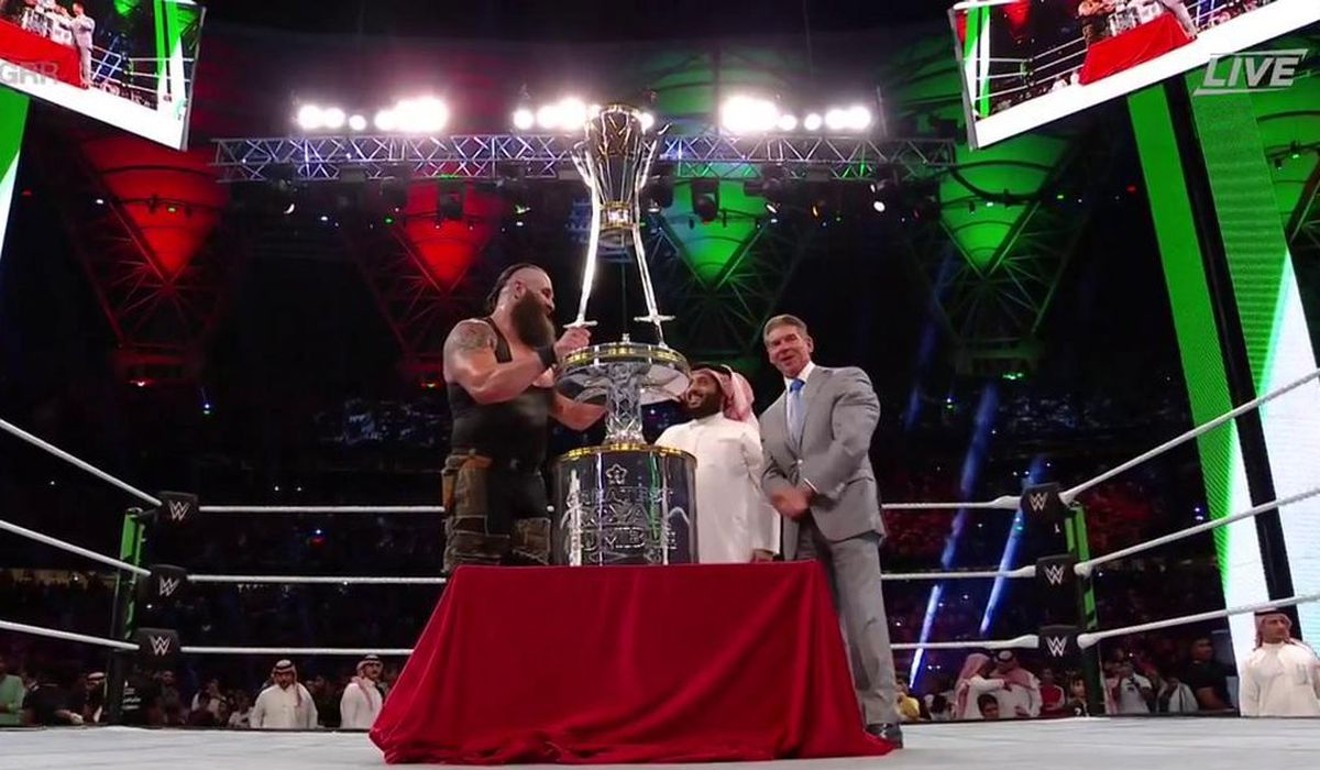 WWE star Braun Strowman (left) and chairman Vince McMahon (right) in the ring at the end of the Greatest Royal Rumble in Saudi Arabia. Photo: WWE