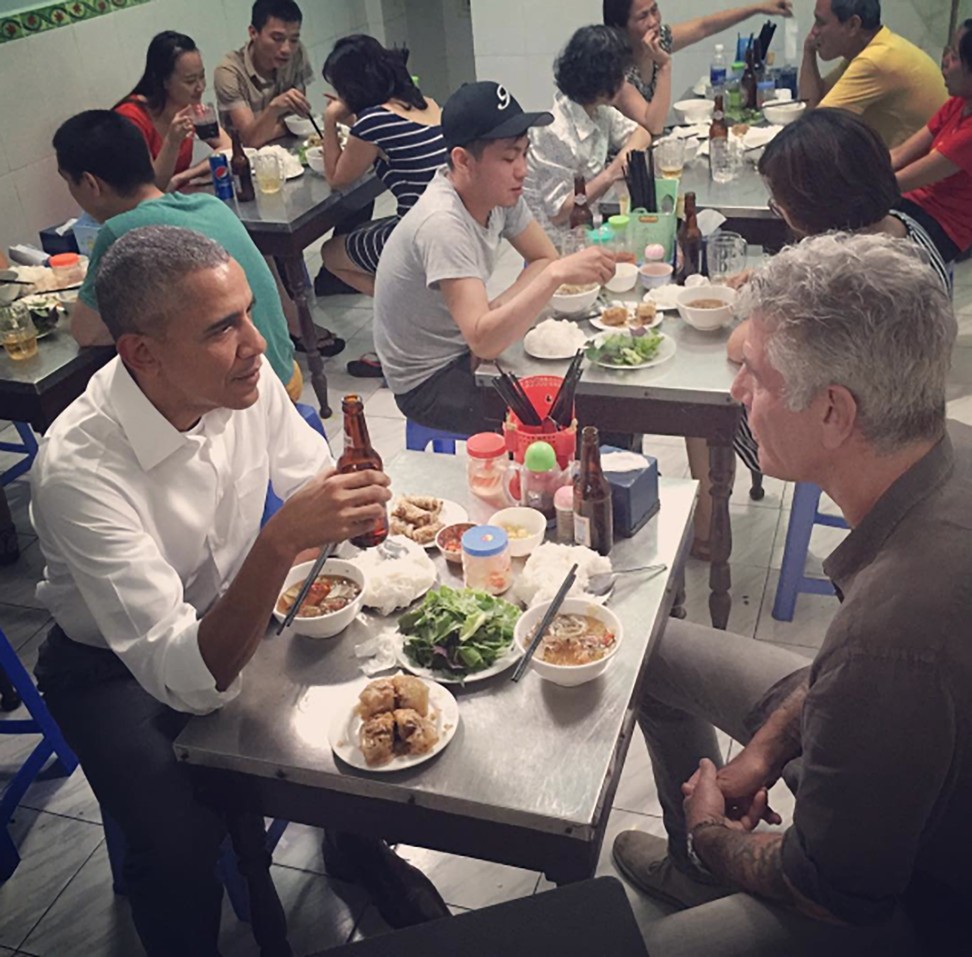 Barack Obama and Anthony Bourdain enjoy a simple meal in Hanoi.