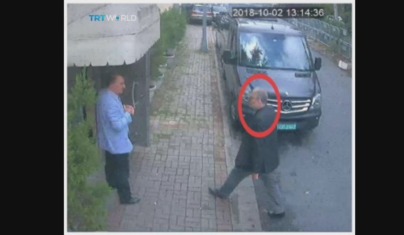 This image taken from CCTV video obtained by the Turkish broadcaster TRT World, purportedly shows Saudi journalist Jamal Khashoggi entering the Saudi consulate in Istanbul before his death. Photo: TRT World via AP