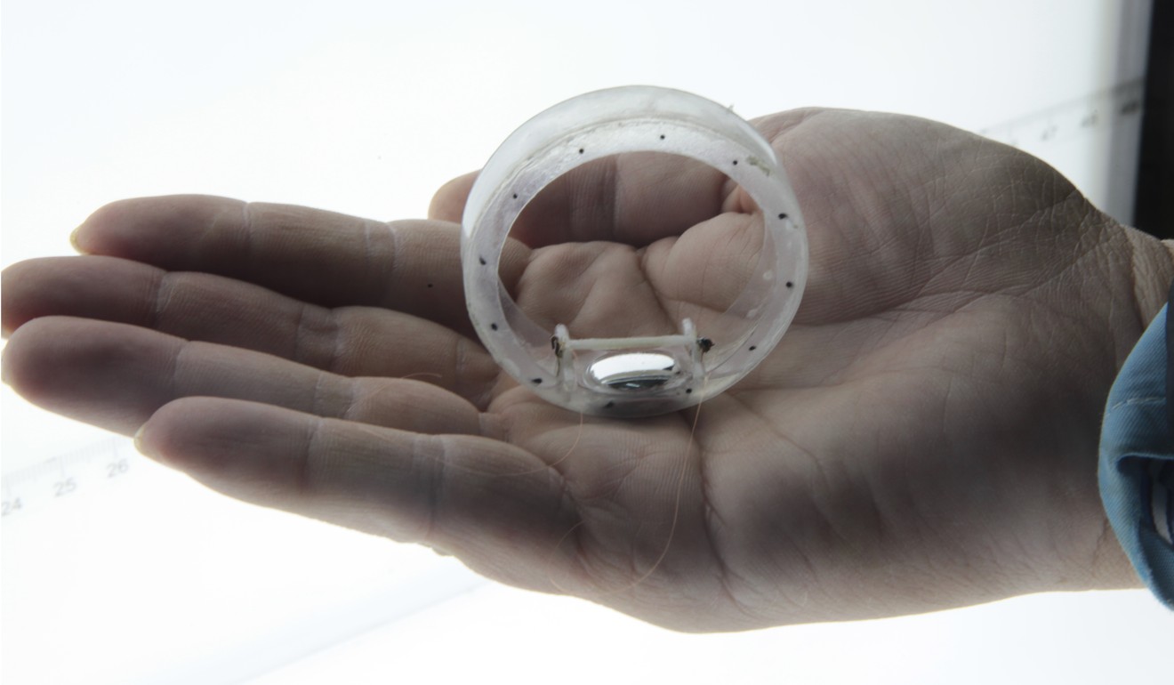 The palm-sized robot has a plastic wheel, a small lithium battery and drops of liquid metal. Photo: Handout