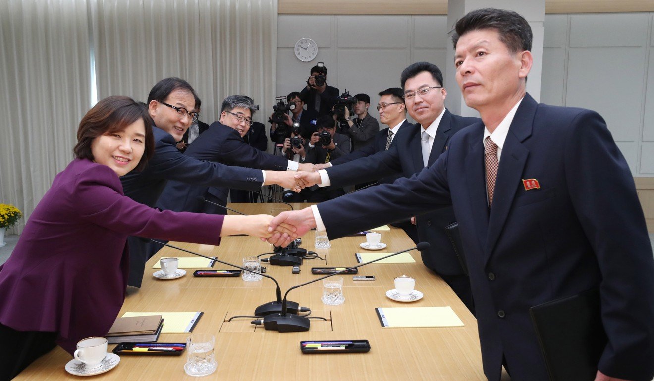 North and South Korean officials at a meeting over forestry cooperation in the North Korean border town of Kaesong. Photo: EPA