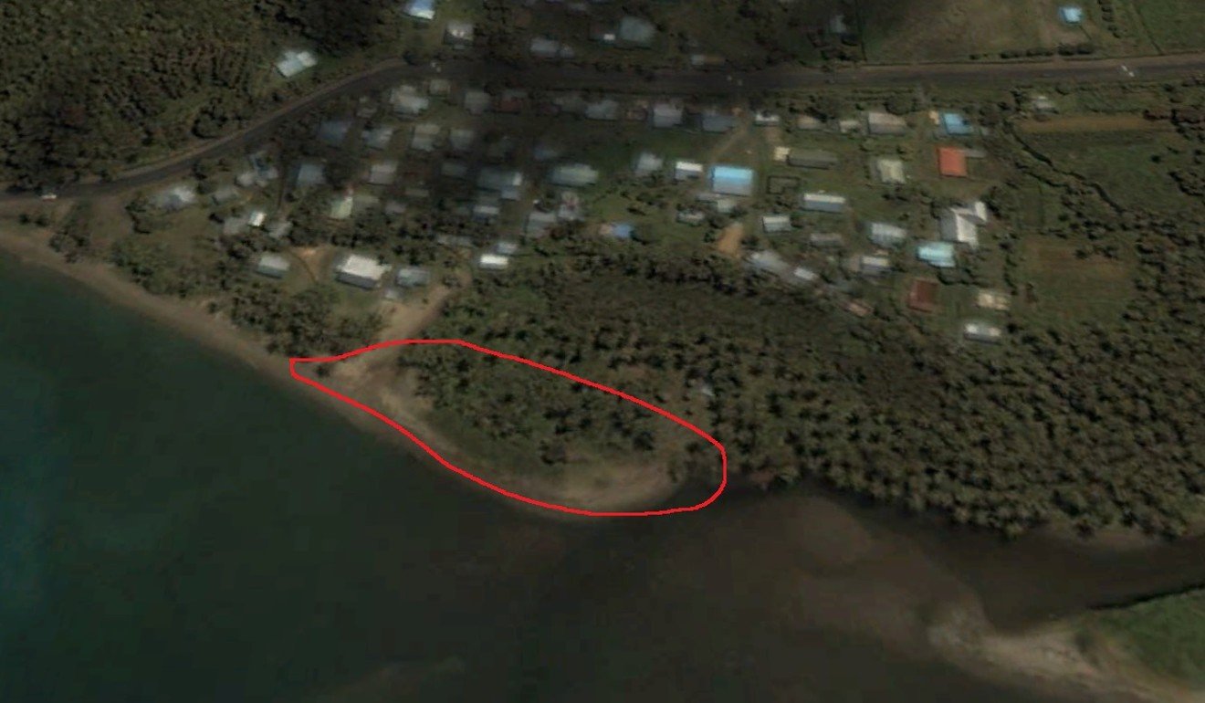 Namatakula coastline in 2002. The area circled in red is the land now lost to the sea. Image: Google Earth