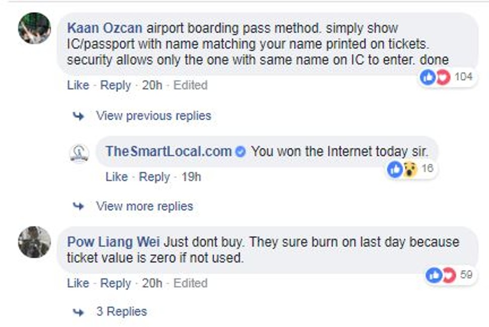 People have posted suggestions on how to combat people who are reselling tickets for inflated prices. Photo: Facebook/The Smart Local