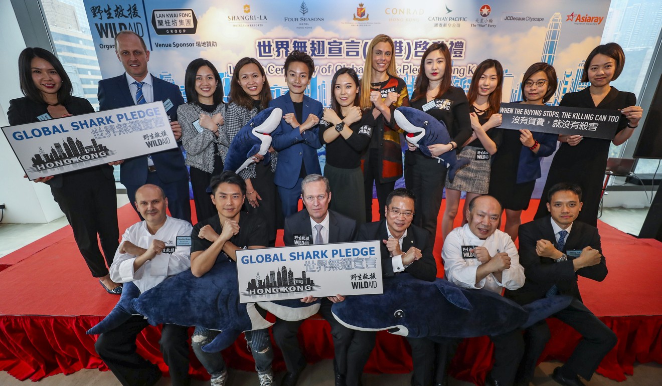 Participants and ambassadors spread the message for WildAid’s Global Shark Pledge on Friday. Photo: Edward Wong