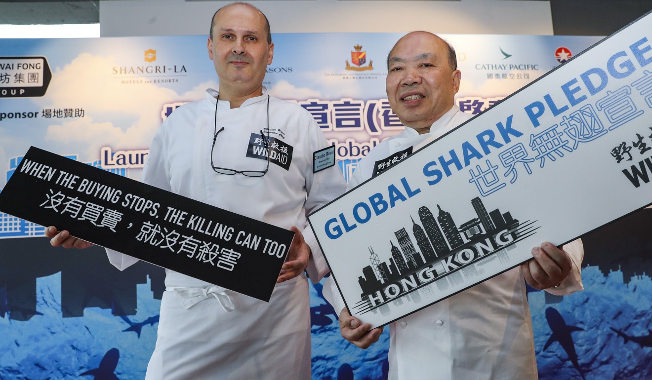 Claudio Rossi (left), executive chef at Conrad Hong Kong, pictured here with Four Seasons executive chef Chan Yan-tak, said shark fin was completely unnecessary as a culinary ingredient. Photo: Edward Wong