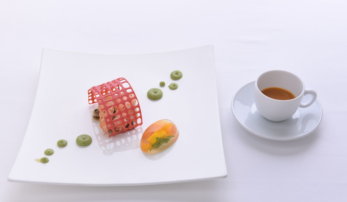 Sebong Oh’s cold dish: steamed langoustine with yuzu sauce, fruit jelly, beetroot tuile and roasted porcini. Photo: courtesy of Hyatt