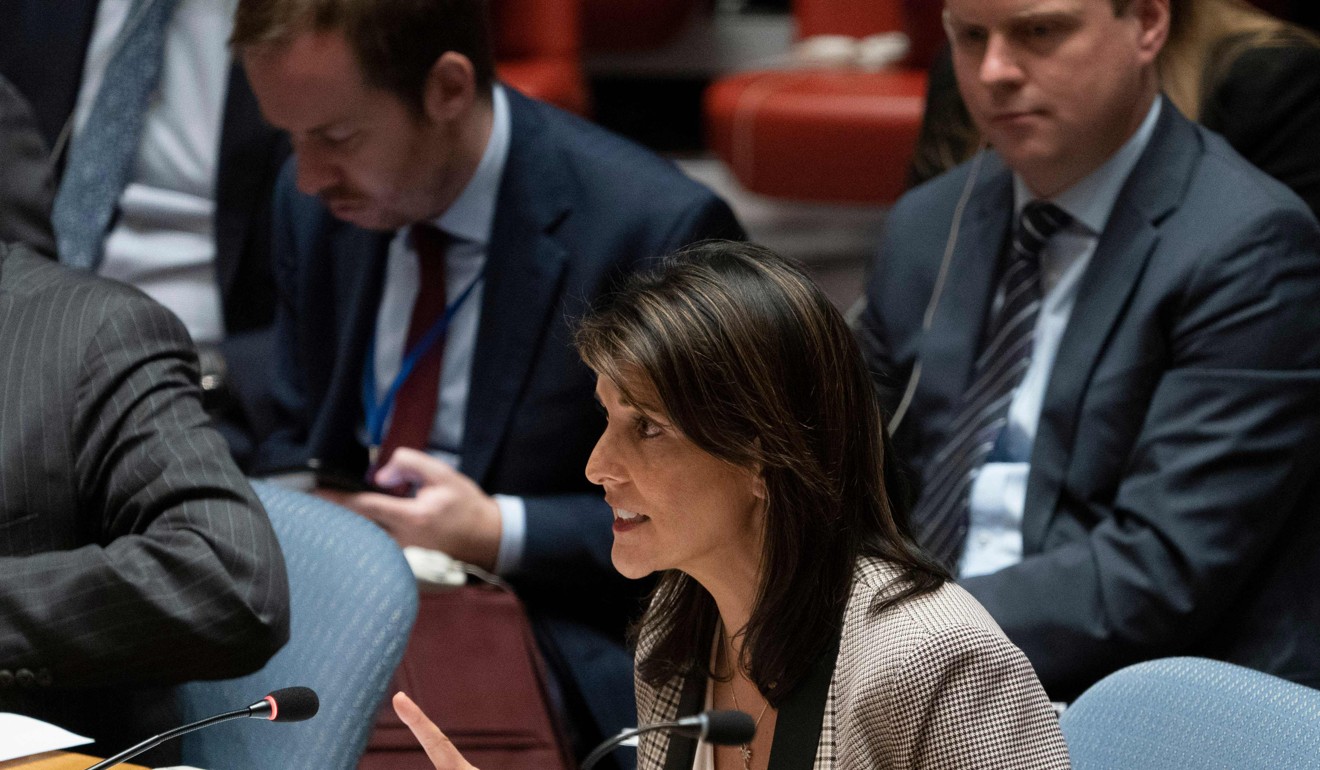 US Ambassador to the UN Nikki Haley addressing the Security Council. She warned Moscow against “outlaw actions”. Photo: AFP