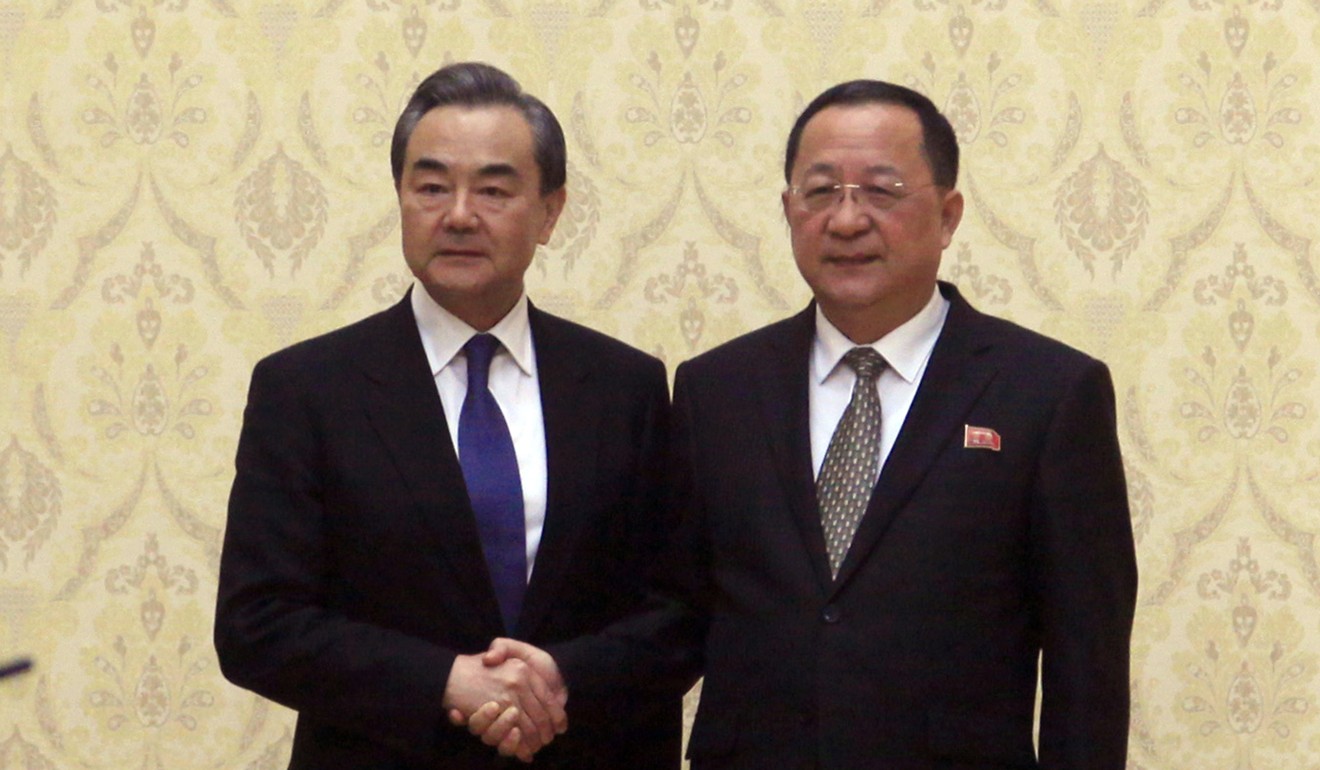 From left: Chinese Foreign Minister Wang Yi and his North Korean counterpart Ri Yong-ho in May 2018. The pair are expected to meet again on Ri’s three-day visit to China. Photo: AP