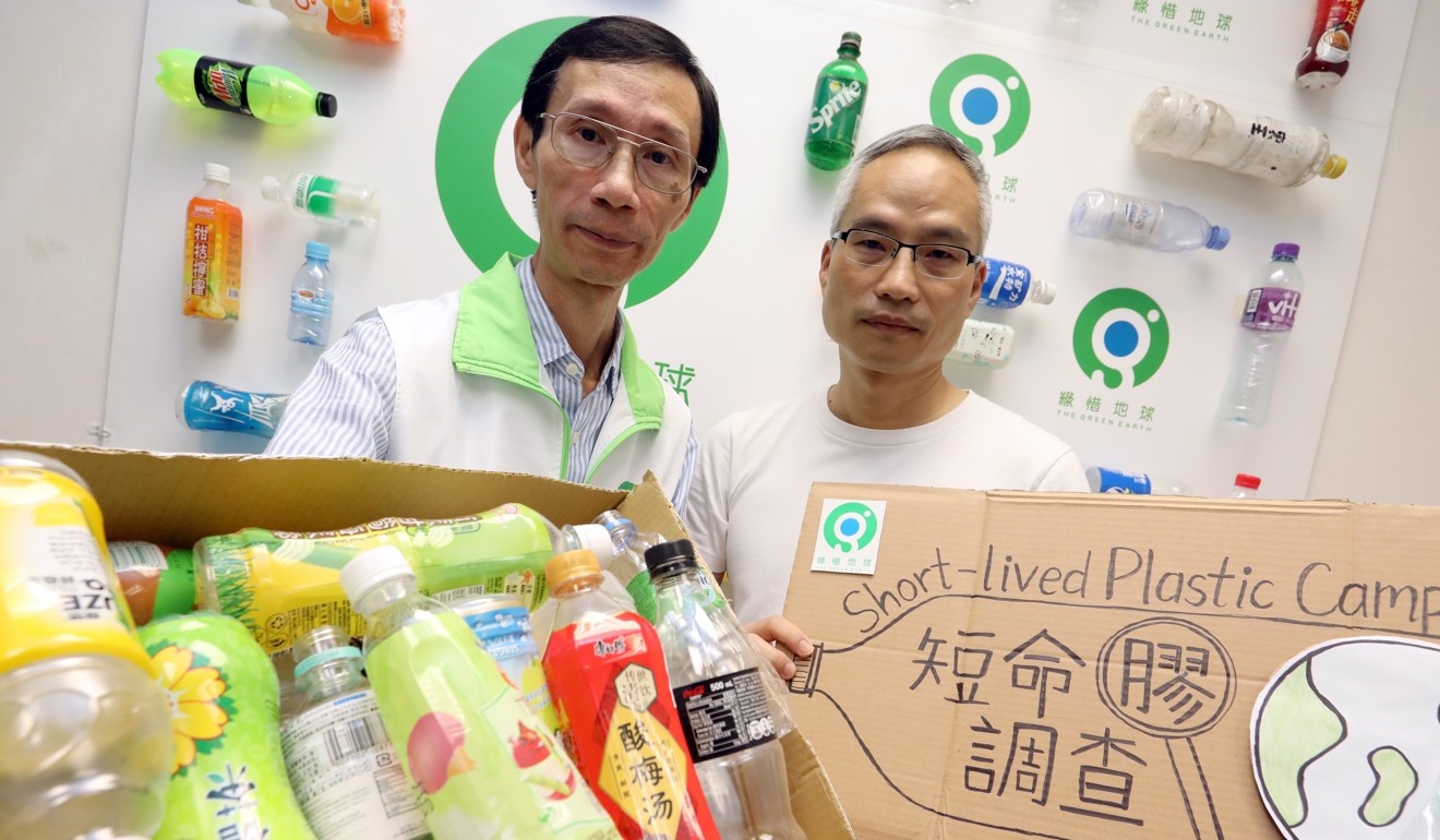 Edwin Lau (left), executive director of The Green Earth, with Hahn Chu, director of Environmental Advocacy at a press conference announcing survey results on waste plastic bottles found on the Hong Kong and Taiwan coasts, September 2018. Photo: Dickson Lee
