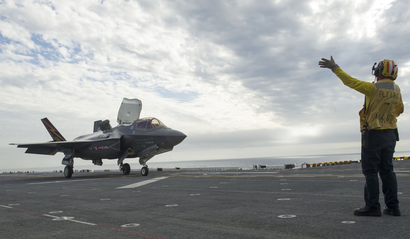 An American F-35B jet launches off the flight deck of the USS America. Photo AFP