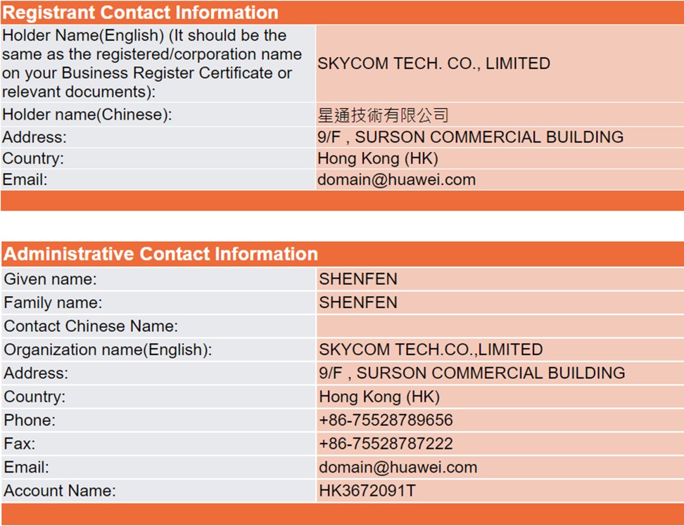 The domain name information of Skycom.com.hk. Image: SCMP