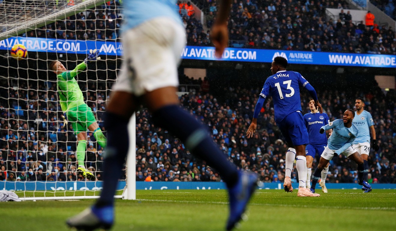Manchester City’s Raheem Sterling scores against Everton. Photo: Reuters