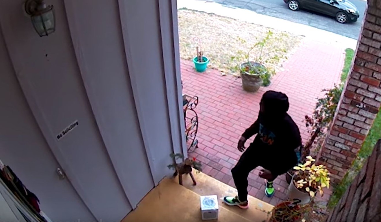 One of the parcel thieves takes the bait. Photo: YouTube