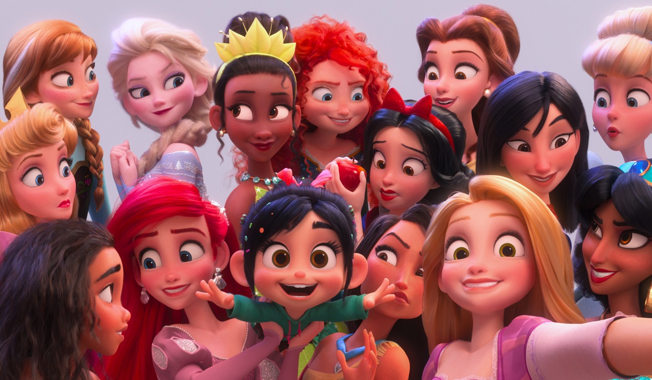 Vanellope with a group of famous Disney princesses in Ralph Breaks the Internet.