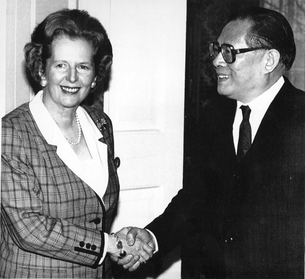 A 1988 file photo of British Prime Minister Margaret Thatcher greeting Jiang Zemin, then Mayor of Shanghai, at 10 Downing Street. Photo: AP