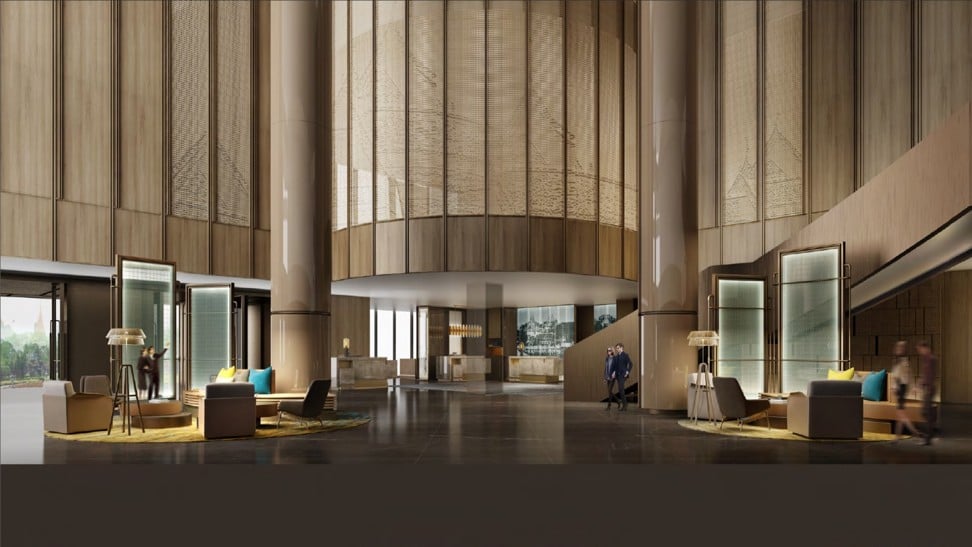 The lobby features an outline of a pagoda and temple.