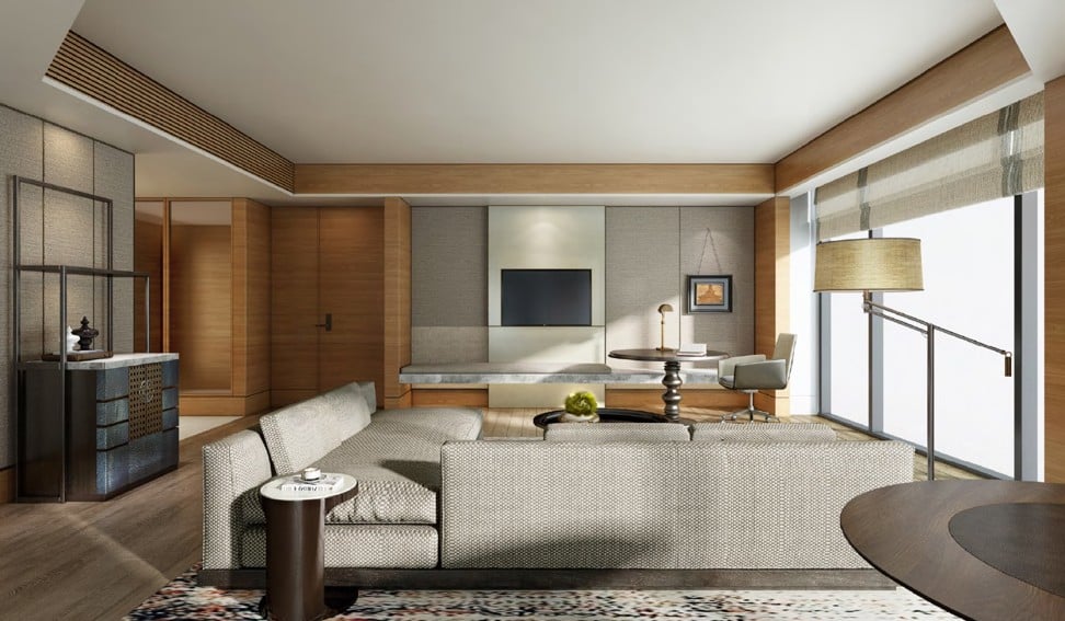 Rendering of the living area of an executive deluxe suite