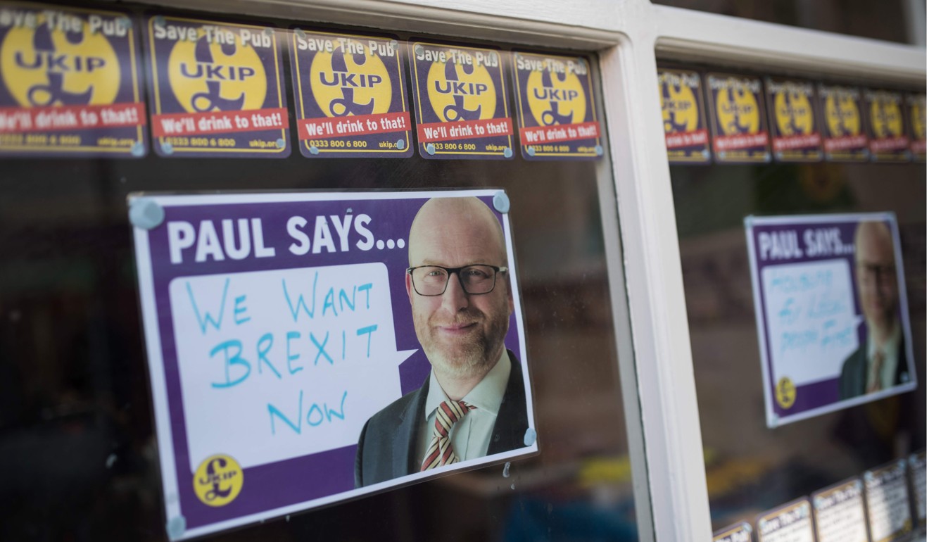 A poster for UK Independence Party candidate Paul Nuttall in the window of the party’s by-election campaign headquarters in Stoke-on-Trent on February 13, 2017. Photo: AFP