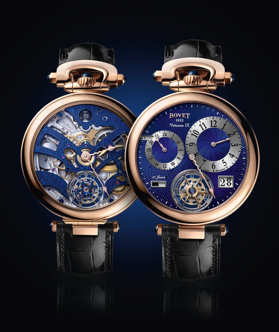Bovet’s Tourbillon Amadeo Fleurier Virtuoso IX wristwatch features a transparent caseback (left), featuring the hour and minute hands, which means it is reversible. Photo: Bovet.