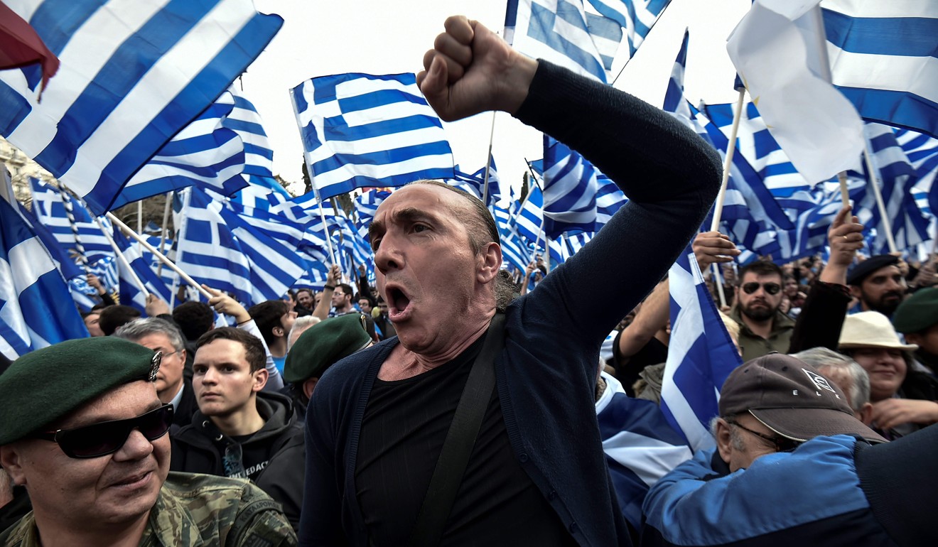 Demonstrators in Athens on Sunday. The name change faces resistance in Greece because of what critics see as the implied claims to Greek land and cultural heritage. Photo: AFP