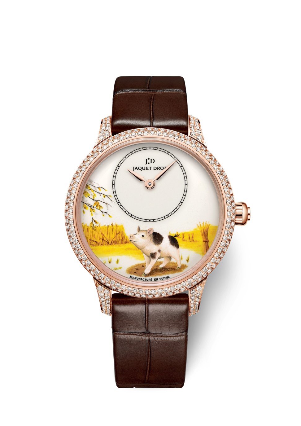 Jaquet Droz’s 35mm Petite Heure Minute Year of Pig watch includes 80 diamonds set around the bezel.
