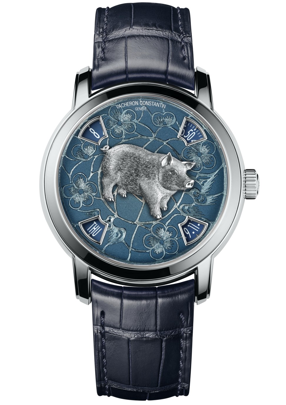 Vacheron Constantin’s platinum limited-edition Metiers d’Art The Legend of the Chinese zodiac: Year of the Pig timepiece, which shows the date and time without moving hands.