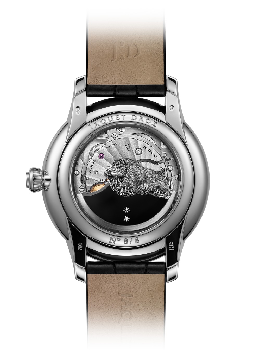 The back of Jaquet Droz's Petite Heure Minute Relief Pig watch.