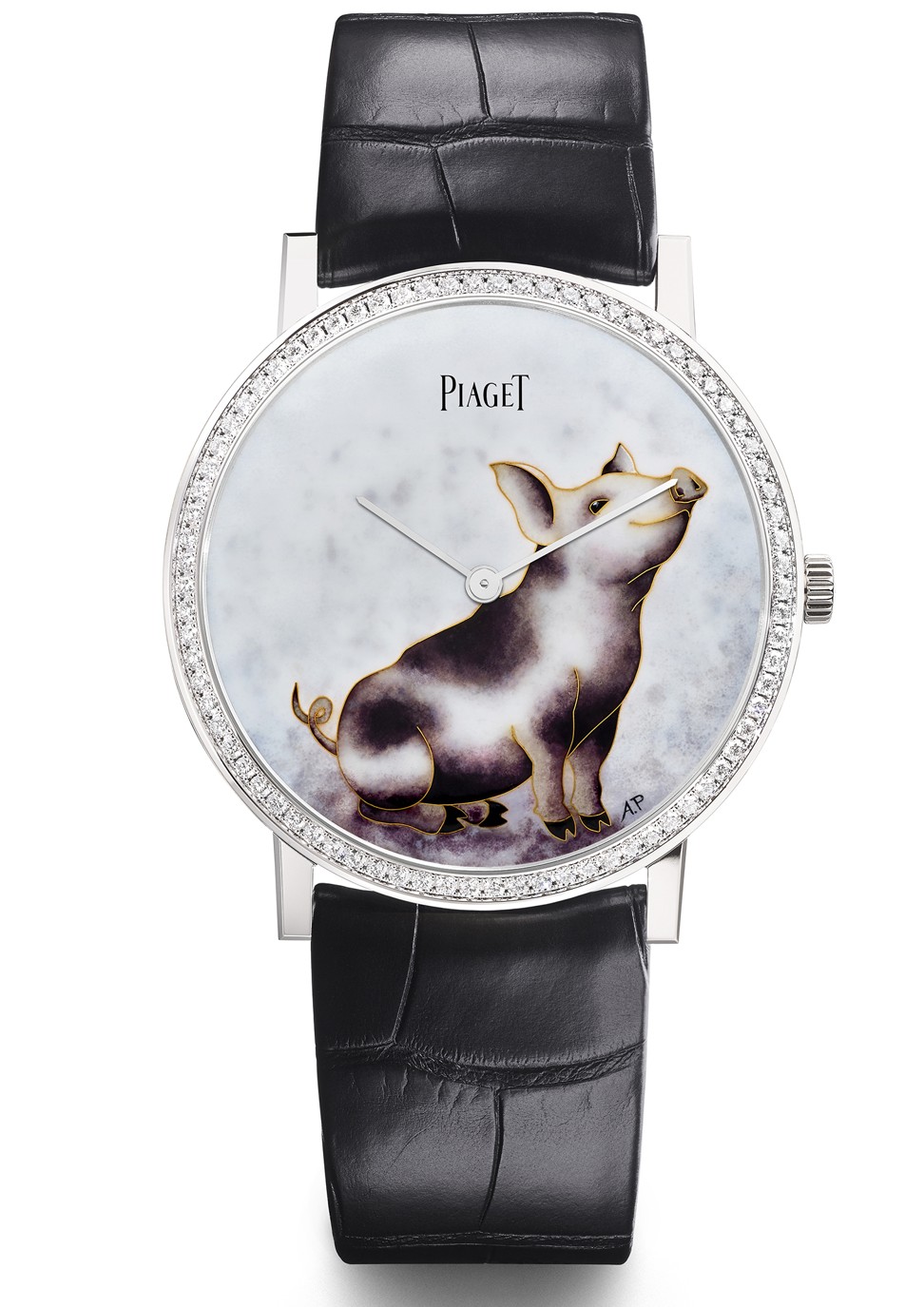Piaget’s Altiplano Year of the Pig watch features diamonds around the bezel.