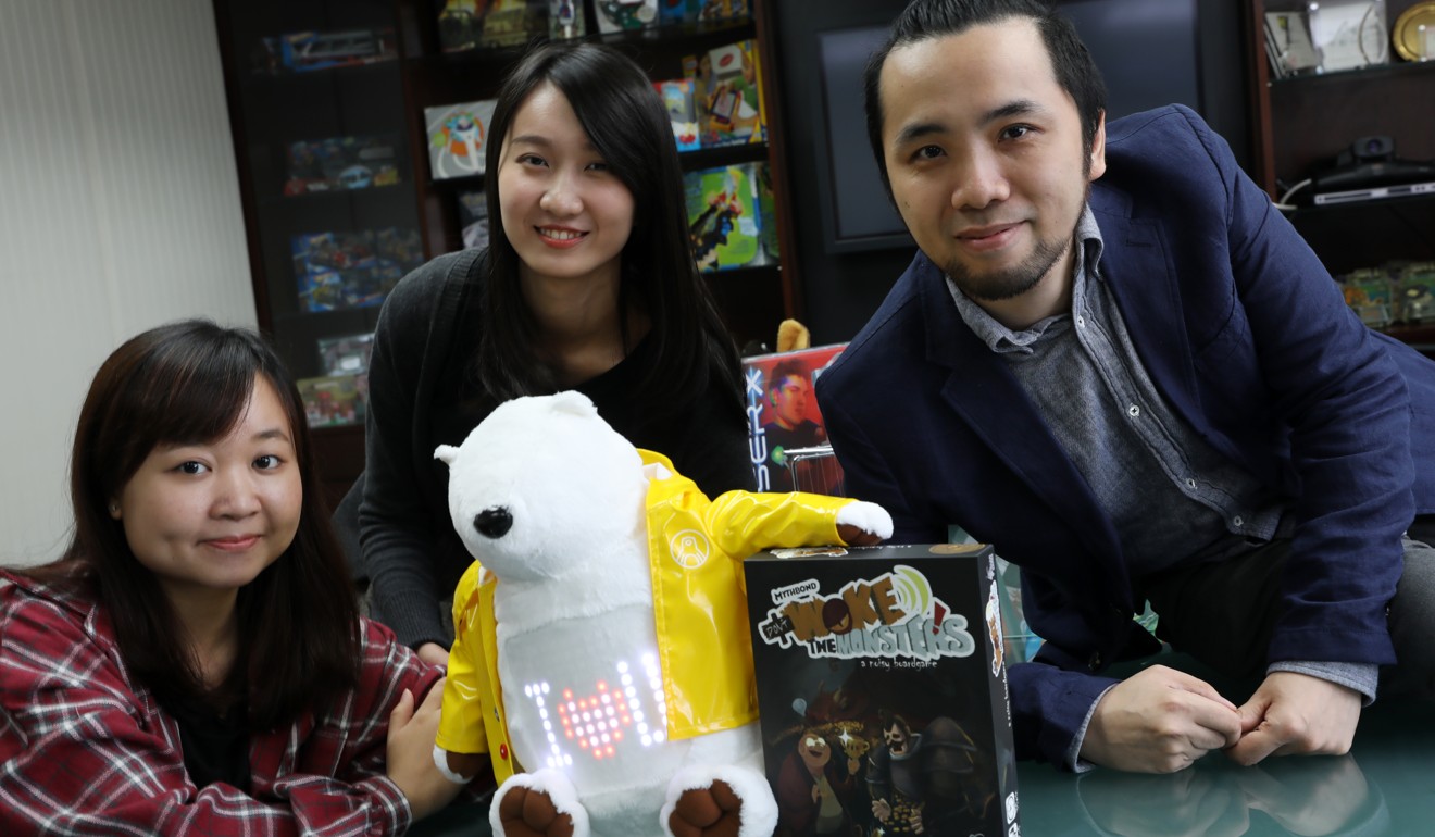 Toy design winners (from left): Yuki Ho Sin-yi, Astrid Cheung and Lith Fung with their products. Photo: K.Y. Cheng