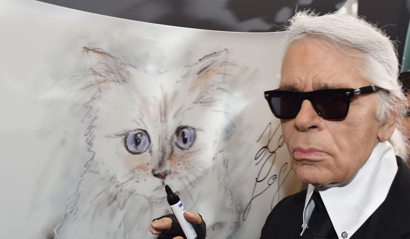 Karl Lagerfeld poses next to a painting of his cat Choupette during the inauguration of the show ‘Corsa Karl and Choupette’ at the Palazzo Italia in Berlin in 2015. Photo: AFP