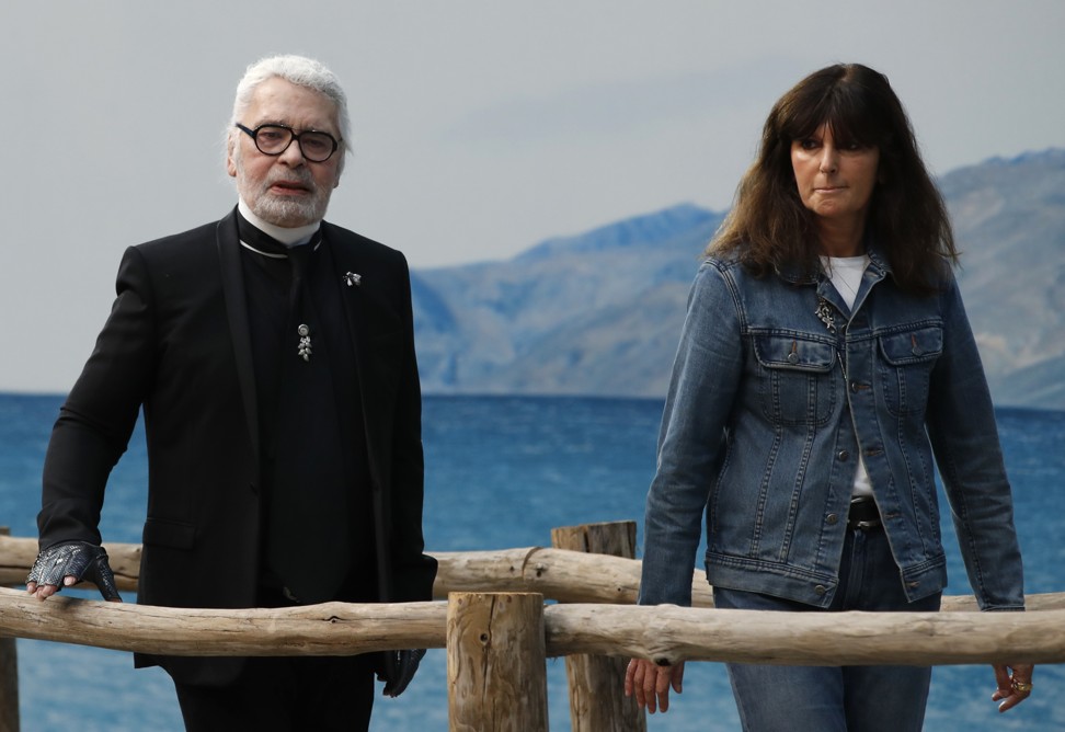 Karl Lagerfeld, the German-born Chanel creative director, who has died aged 85, pictured in October 2018 with the French fashion studio’s director Virginie Viard. Photo: AP