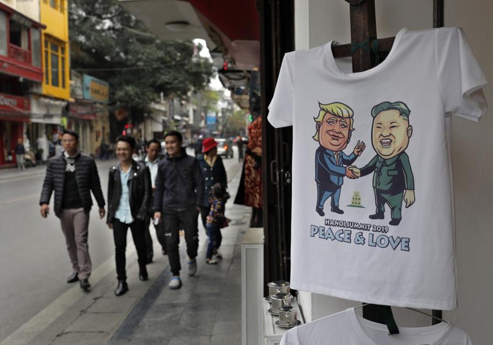 A T-shirt for sale in Hanoi, Vietnam, to mark the second summit between United States President Donald Trump and North Korean leader Kim Jong-un. Picture: AP
