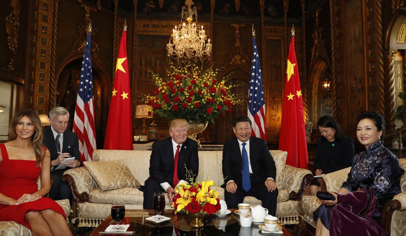 President Donald Trump and Chinese President Xi Jinping, with their wives, during their first meeting at Mar-a-Lago in 2017. Photo: AP