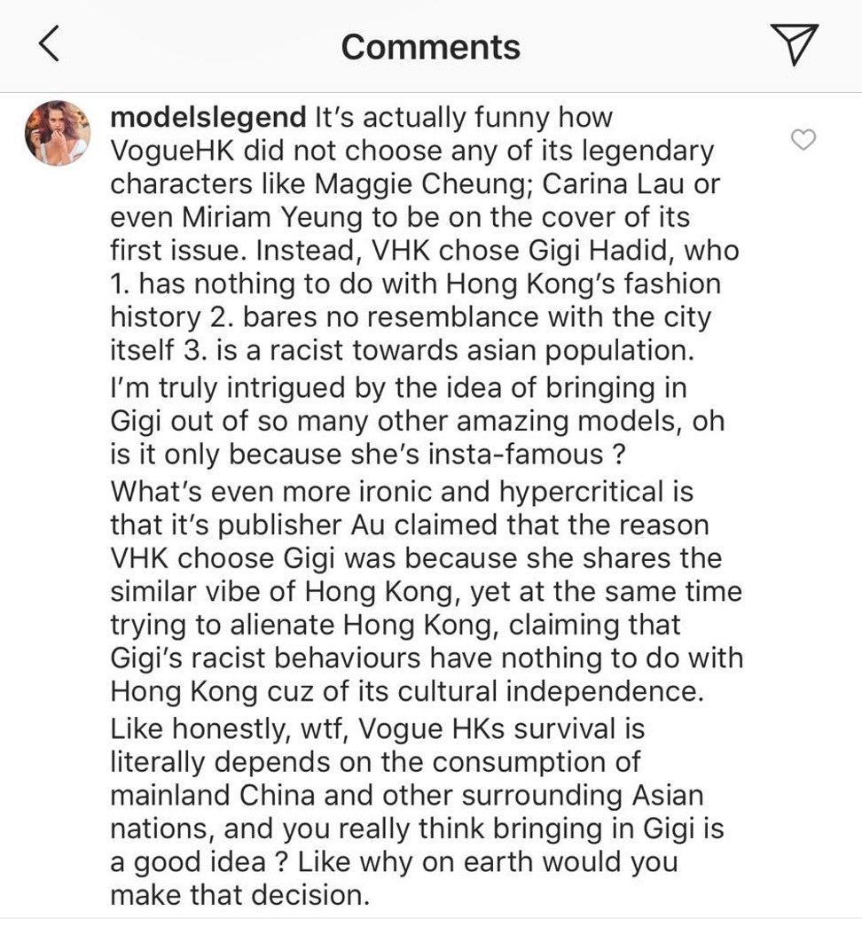 A now deleted comment on Instagram about the Vogue Hong Kong cover of Gigi Hadid posted on March 1 but later taken down by the magazine. Photo: courtesy of Instagram