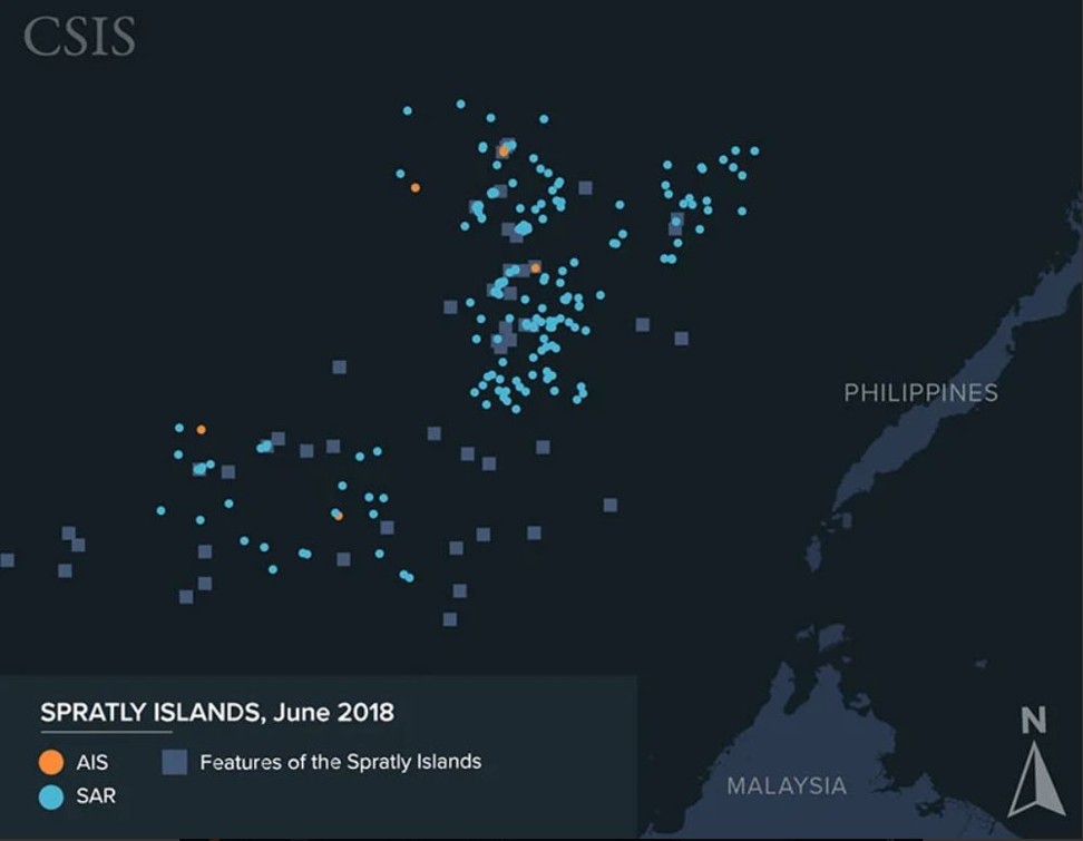 A map on the CSIS website shows the seas around the Spratly Islands. In orange are ships identified by their Automatic Identification Systems. In blue are ships that have been detected by Synthetic Aperture Radar. Image: CSIS