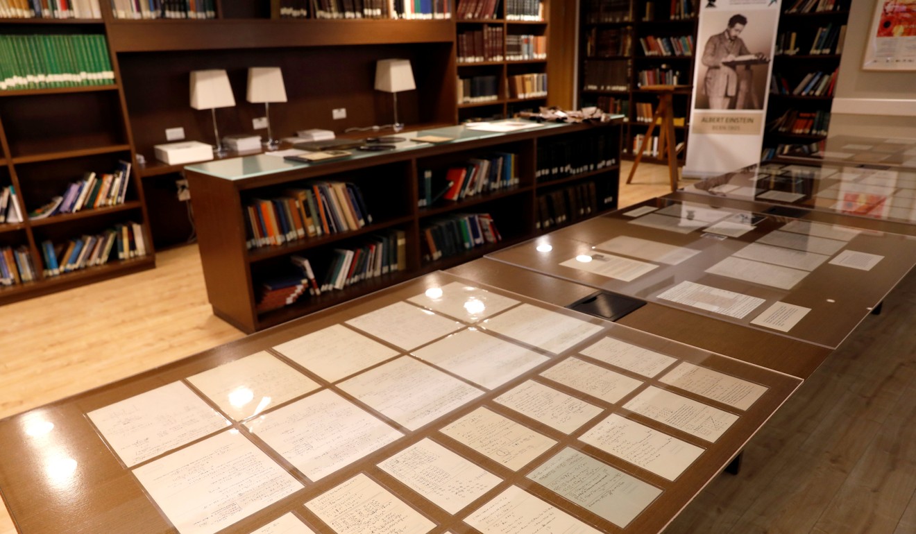 Part of a collection of 110 manuscript pages on display at Hebrew University, which announced the acquisition on Wednesday ahead of Einstein’s 140th birthday. Photo: AP