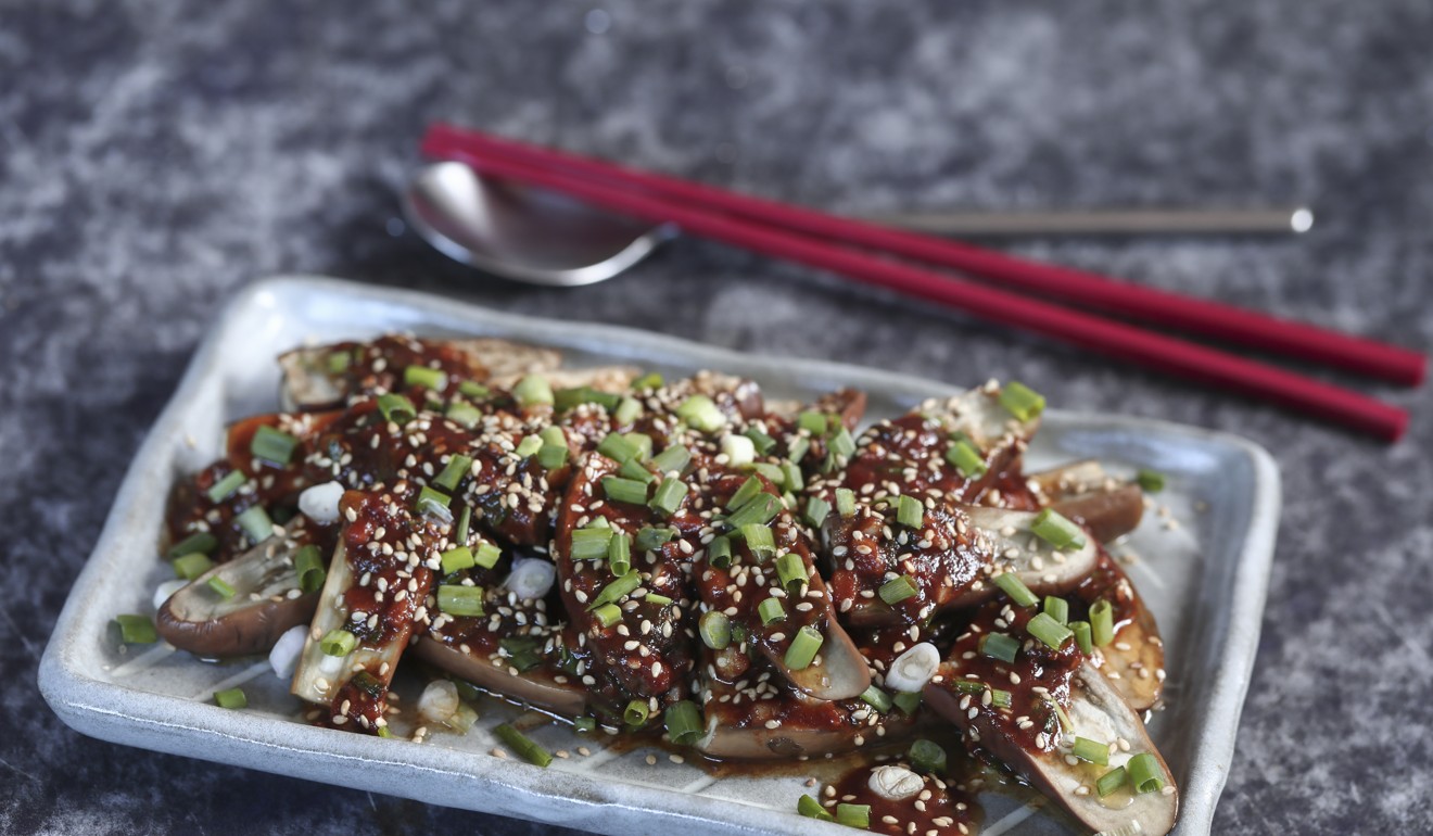 Steamed eggplant with spicy sesame sauce. Photo: Jonathan Wong
