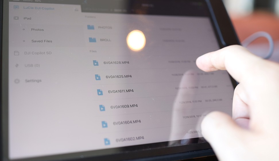 Connecting up to the LaCie DJI hard drive’s app is straightforward and the app itself responds well when reviewing files.