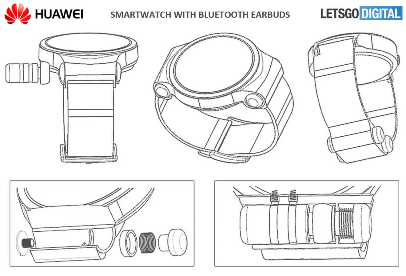 Huawei’s patent shows a number of different options for storing the water-resistant buds. (Picture: LetsGoDigital)