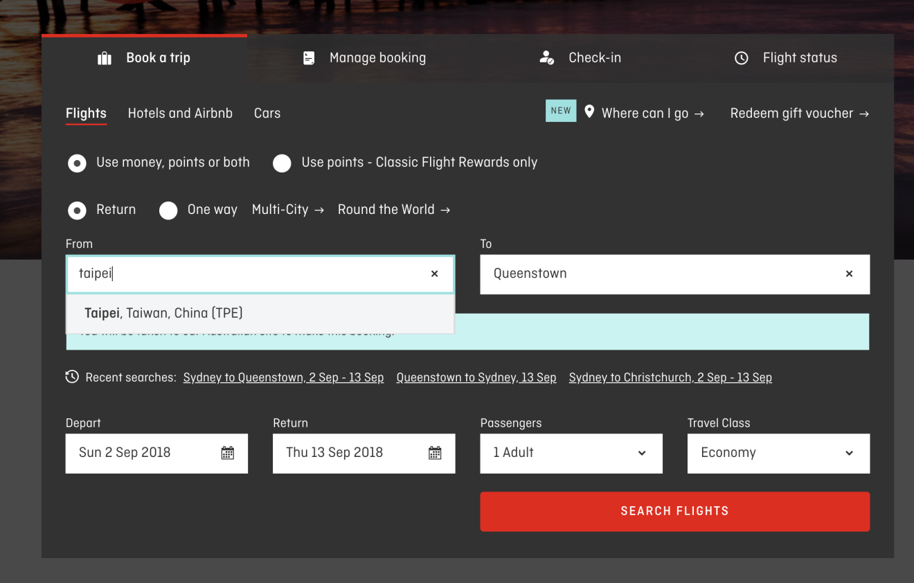 A screenshot from Qantas.com listing Taiwan as part of China.