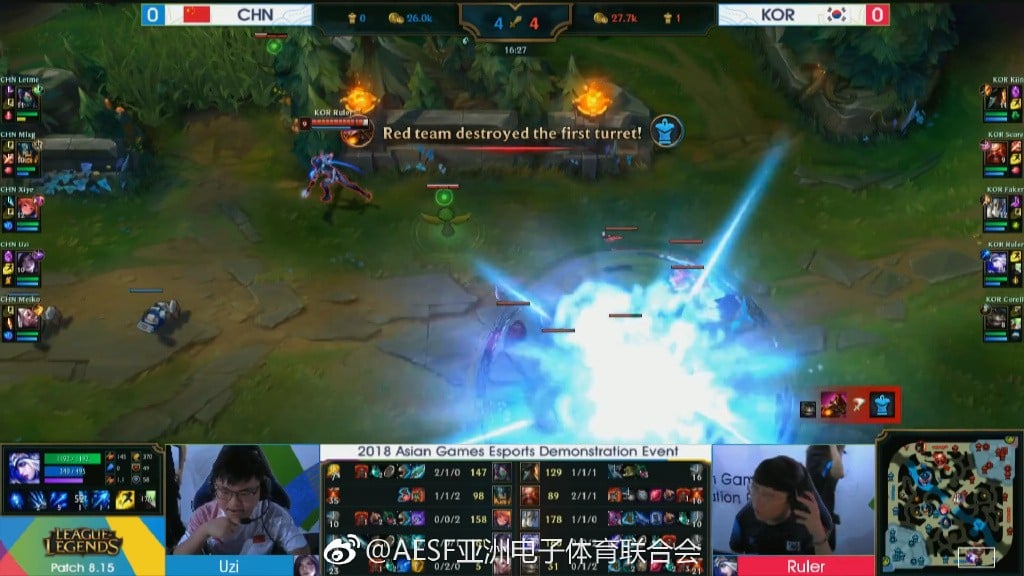 China versus South Korea in Monday’s League of Legends tournament. (Picture: Asian Electronic Sports Federation/Weibo)