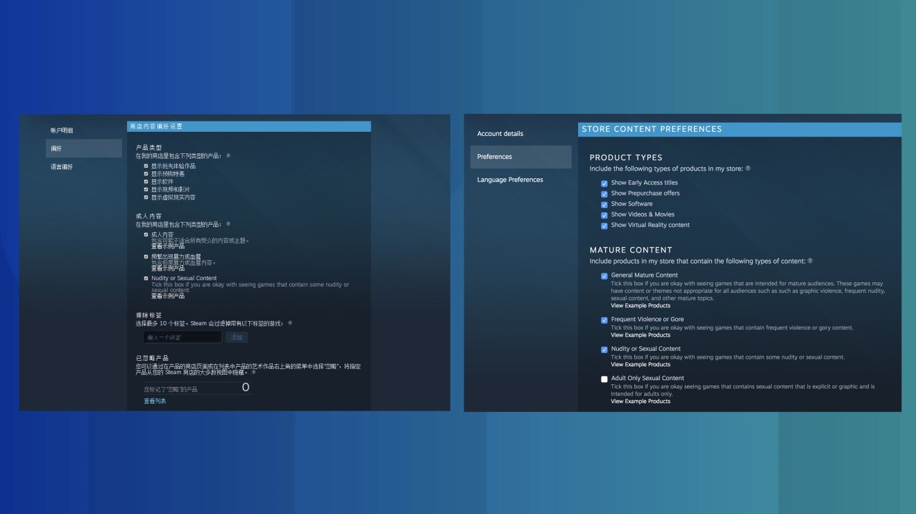 Steam’s China store allows users to see games that “contain some nudity or sexual content”, but “Adult Only Sexsual Content” is not included in content preferences. (Pictures: Steam)